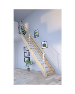 Raumspartreppe Korfu in gerader Ausführung aus Fichte - ohne Setzstufen - mit Design-Geländer-Edelstahl links